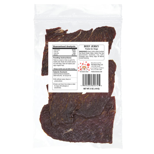 The Nojo's Dog USDA Certified Beef Jerky Treat for Dogs 5oz. Back of Package