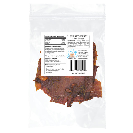 The Nojo's Dog USDA Certified Turkey Jerky Treat for Dogs 3oz. Back of package