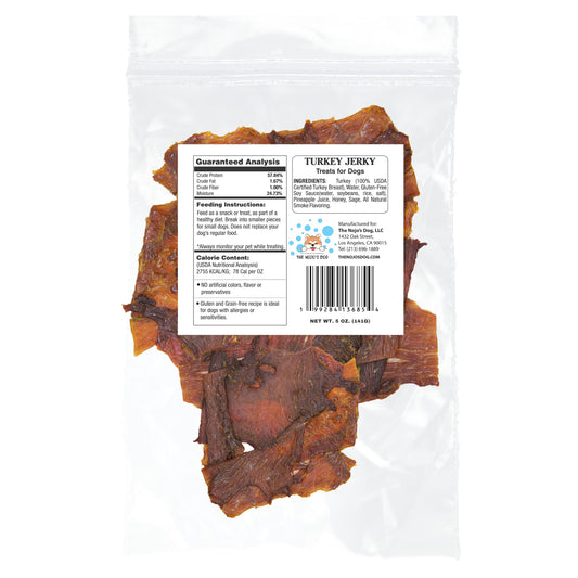 The Nojo's Dog USDA Certified Turkey Jerky Treat for Dogs 5oz. Back of Package