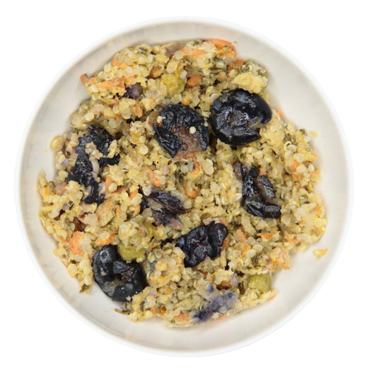 An image of The Nojo's Dog Turkey recipe in a bowl. You can see the vibrant color of the cooked carrots, peas, quinoa, blueberries and turkey.