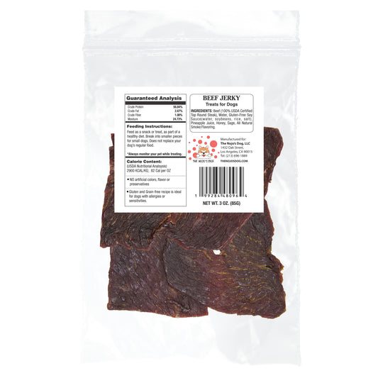 The Nojo's Dog USDA Certified Beef Jerky Treat for Dogs 3oz. Back of package