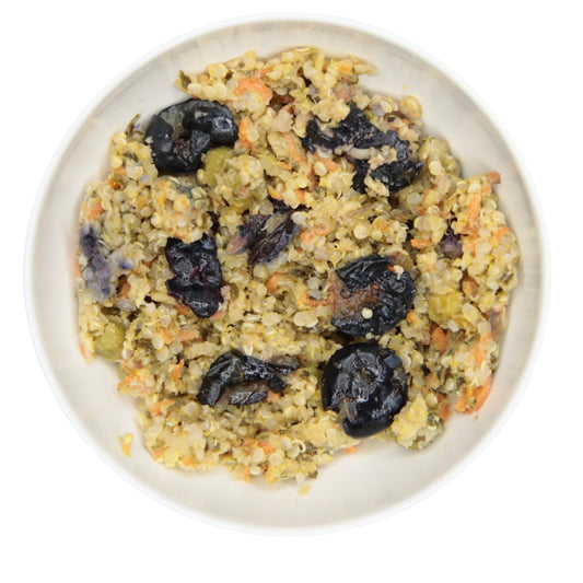 An image of The Nojo's Dog pork recipe in a bowl. You can see the vibrant color of the cooked carrots, peas, quinoa, blueberries and pork