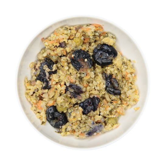 An image of The Nojo's Dog pork recipe in a bowl. You can see the vibrant color of the cooked carrots, peas, quinoa, blueberries and chicken