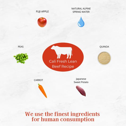 Ingredients for a Cali Fresh Lean Beef Recipe including Fuji apple, natural alpine spring water, peas, quinoa, carrot, and Japanese sweet potato