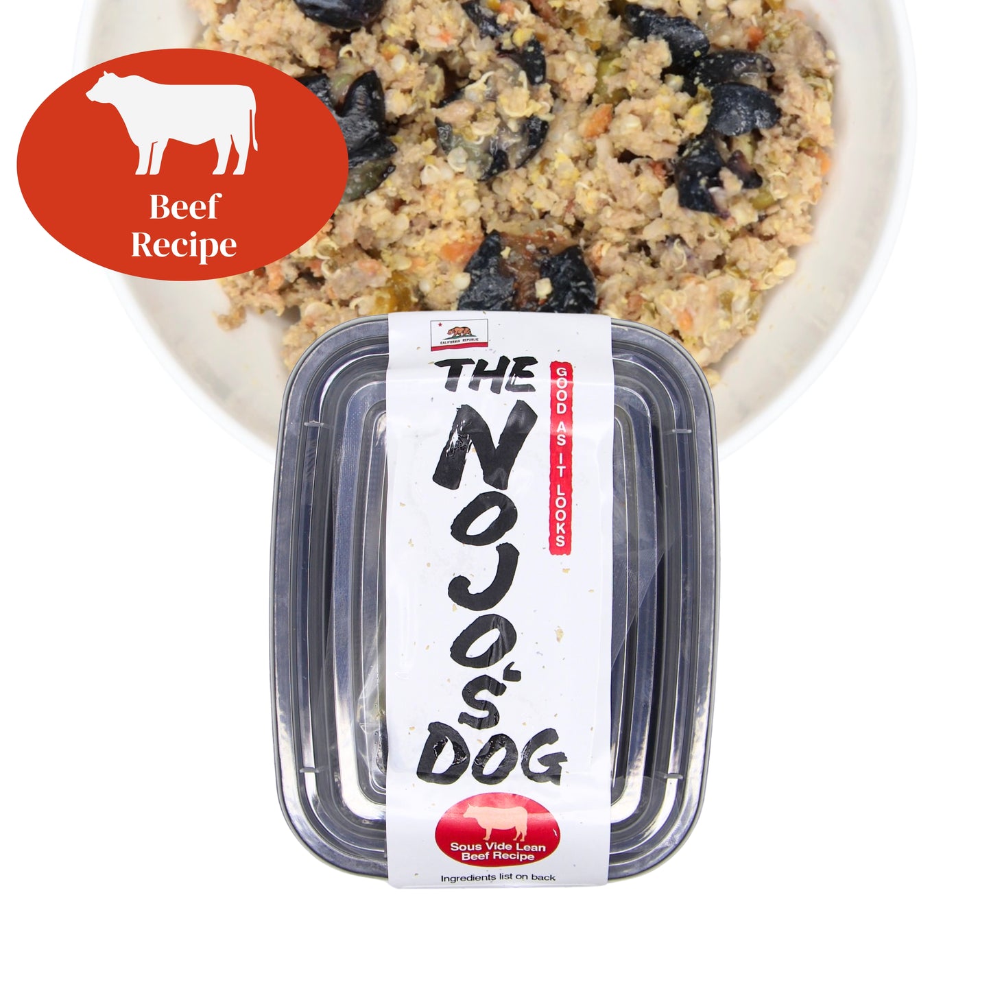 The Nojo's Dog Lean Beef Recipe in the Cube trial size includes two (2) cubes of 4oz. An image of the packaging and food in a bowl to see the product itself. You can see the vibrant color of the cooked blueberries, carrots, peas, quinoa, and beef