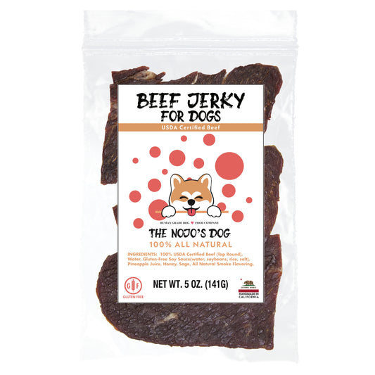 The Nojo's Dog USDA Certified Beef Jerky Treat for Dogs 5oz. Front of Package