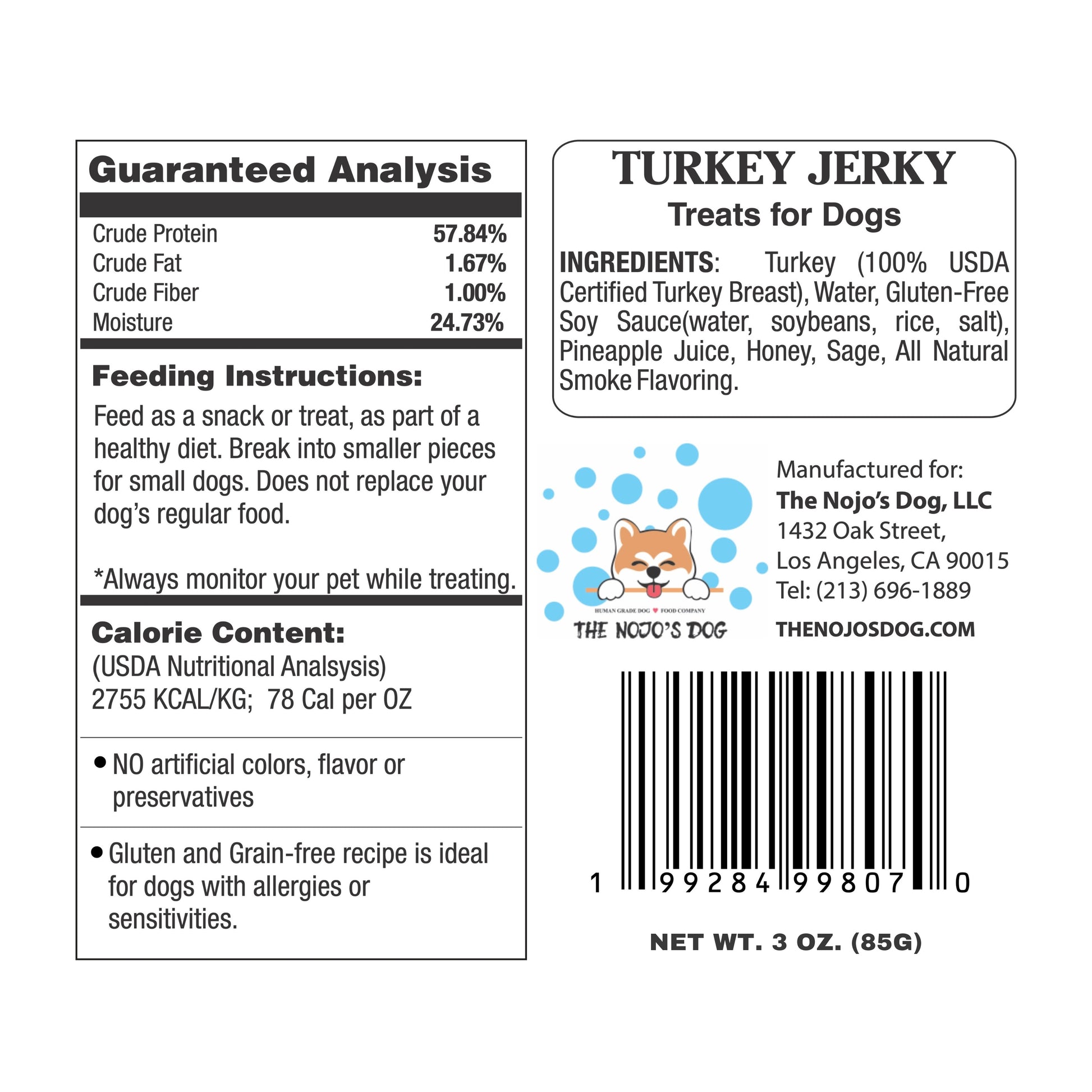 The Nojo's Dog USDA Certified Turkey Jerky Treat for Dogs 3oz. guaranteed analysis and ingredients