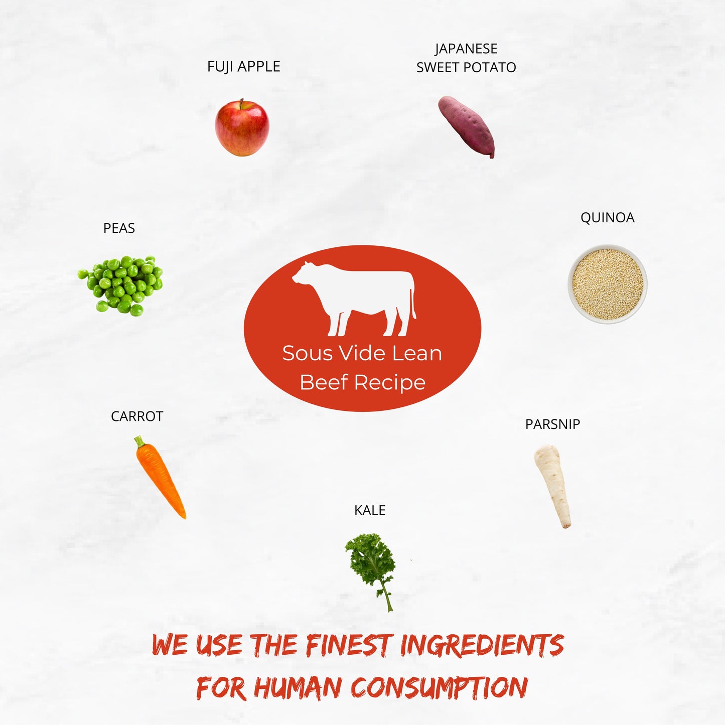 The Nojo's Dog Lean Beef Recipe is made of 8 essential ingredients. Lean Ground Chuck Beef, Fuji Apples, Japanese Sweet Potato, Quinoa, Parsnip, Kale, Carrot, and Peas. Blueberries and Mangoes can be included at an additional charge.
