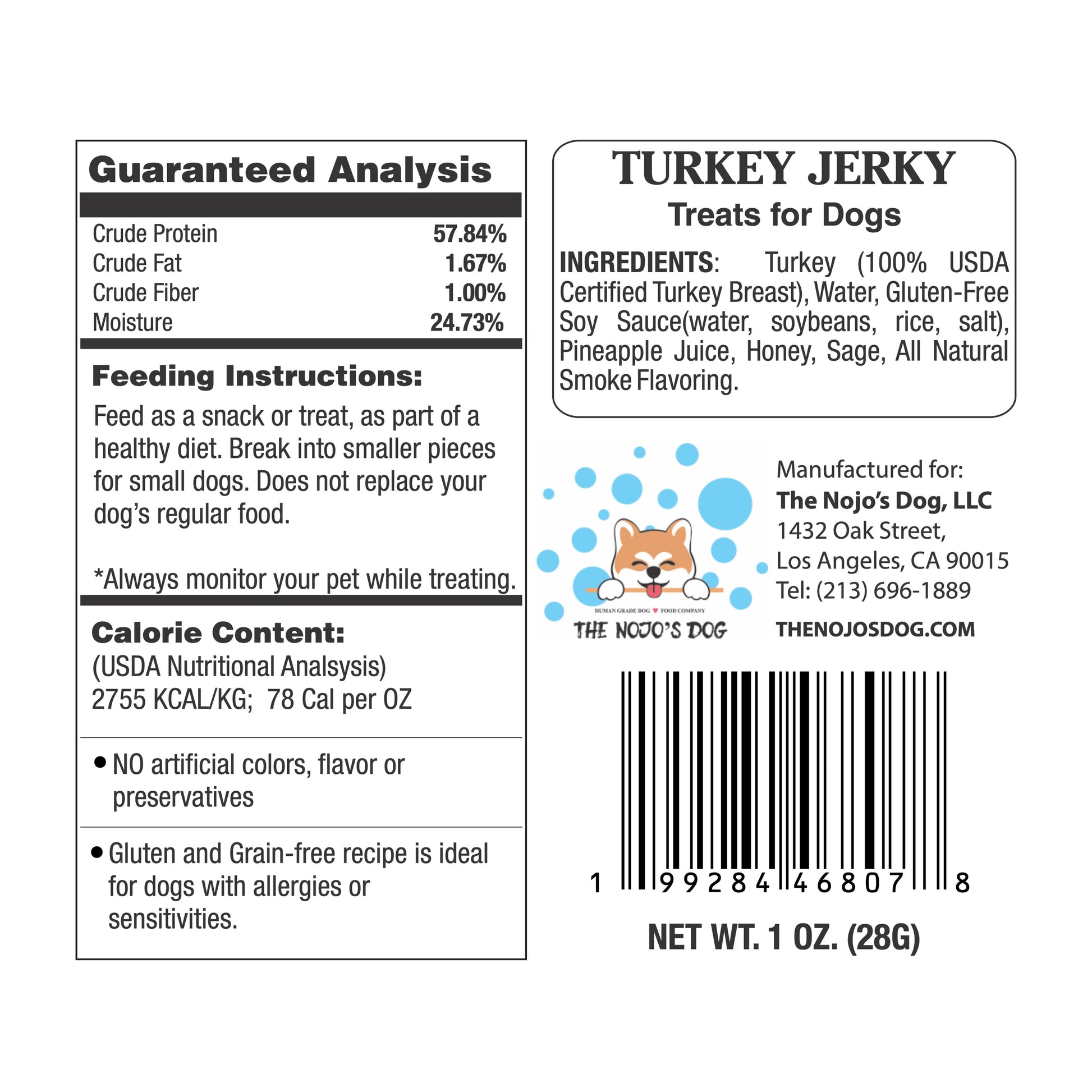 The Nojo's Dog USDA Certified Turkey Jerky Treat for Dogs 1oz. Guaranteed Analysis and Ingredients