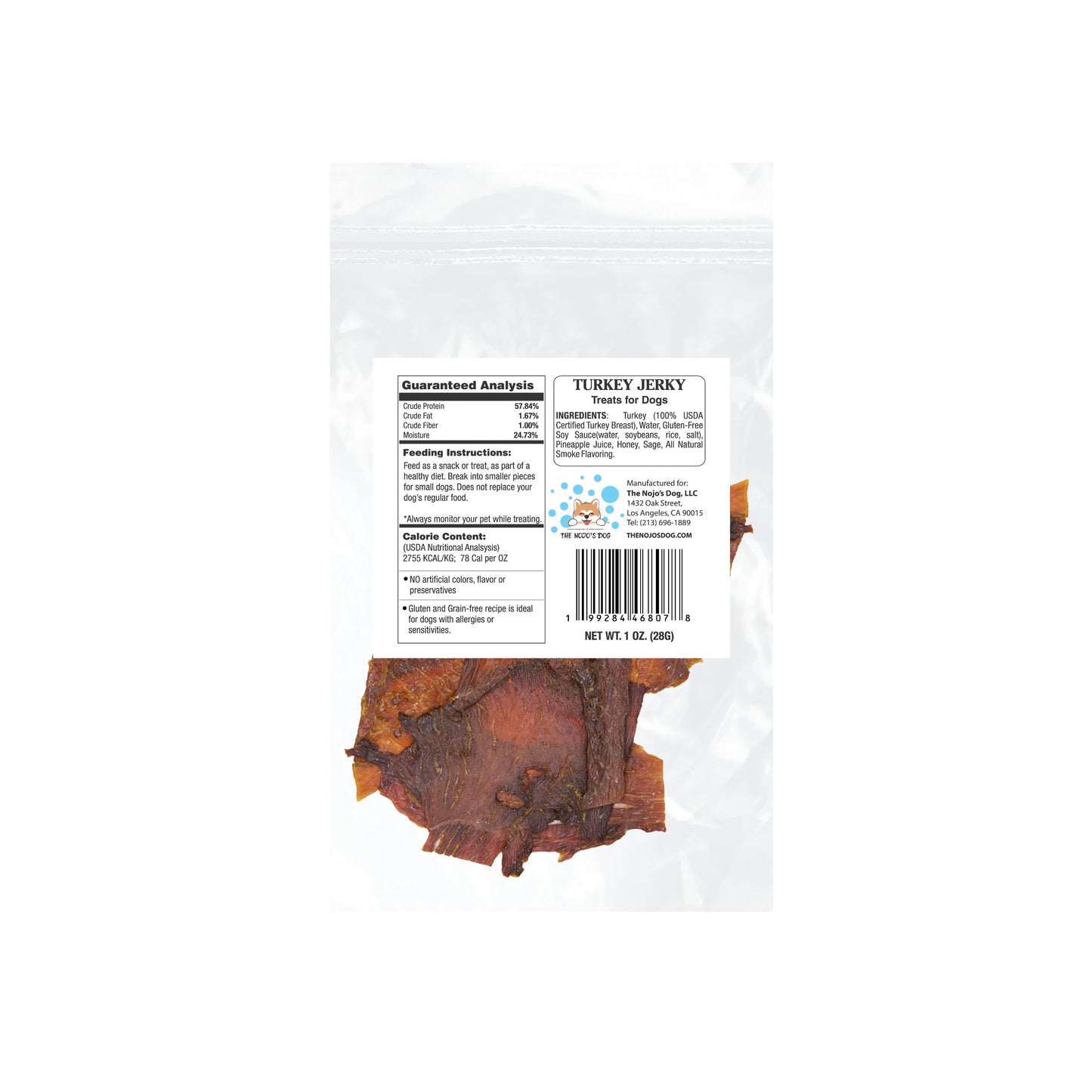 USDA Certified Turkey Jerky Treat for Dogs 1oz. Back of Package