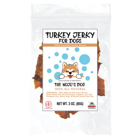 The Nojo's Dog USDA Certified Turkey Jerky Treat for Dogs 3oz. Front of Package