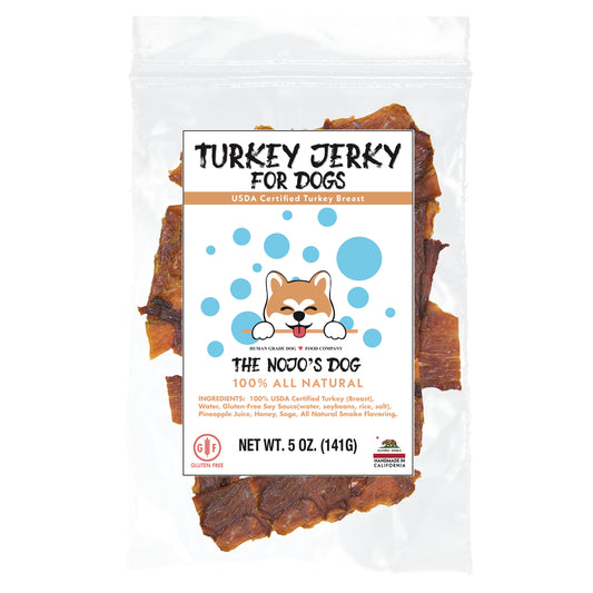 The Nojo's Dog USDA Certified Turkey Jerky Treat for Dogs 5oz. Front of Package