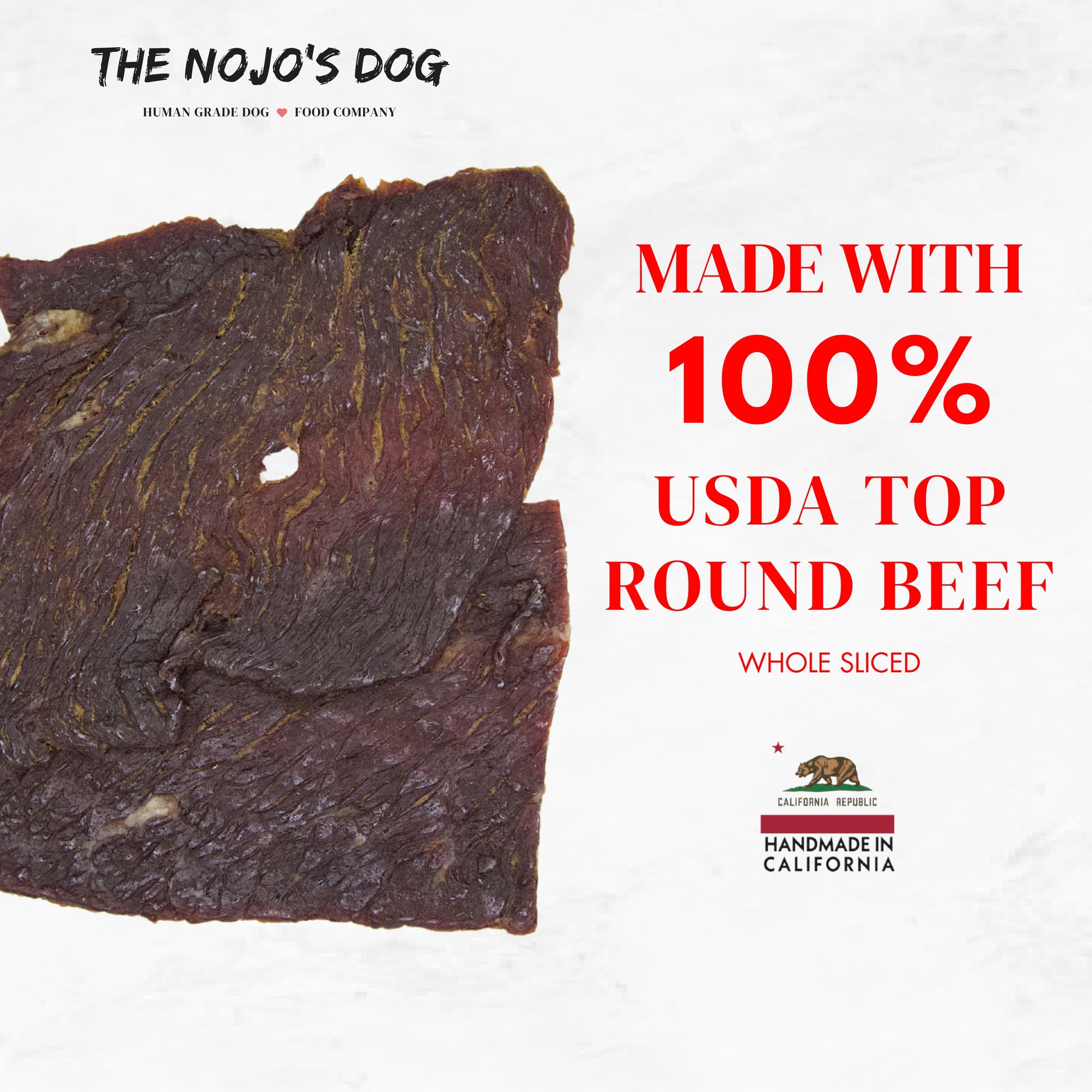 The Nojo's Dog USDA Certified Beef Jerky Treat for Dogs is made with 100% USDA Top Round Beef & Whole Sliced, Never Grounded or Molded