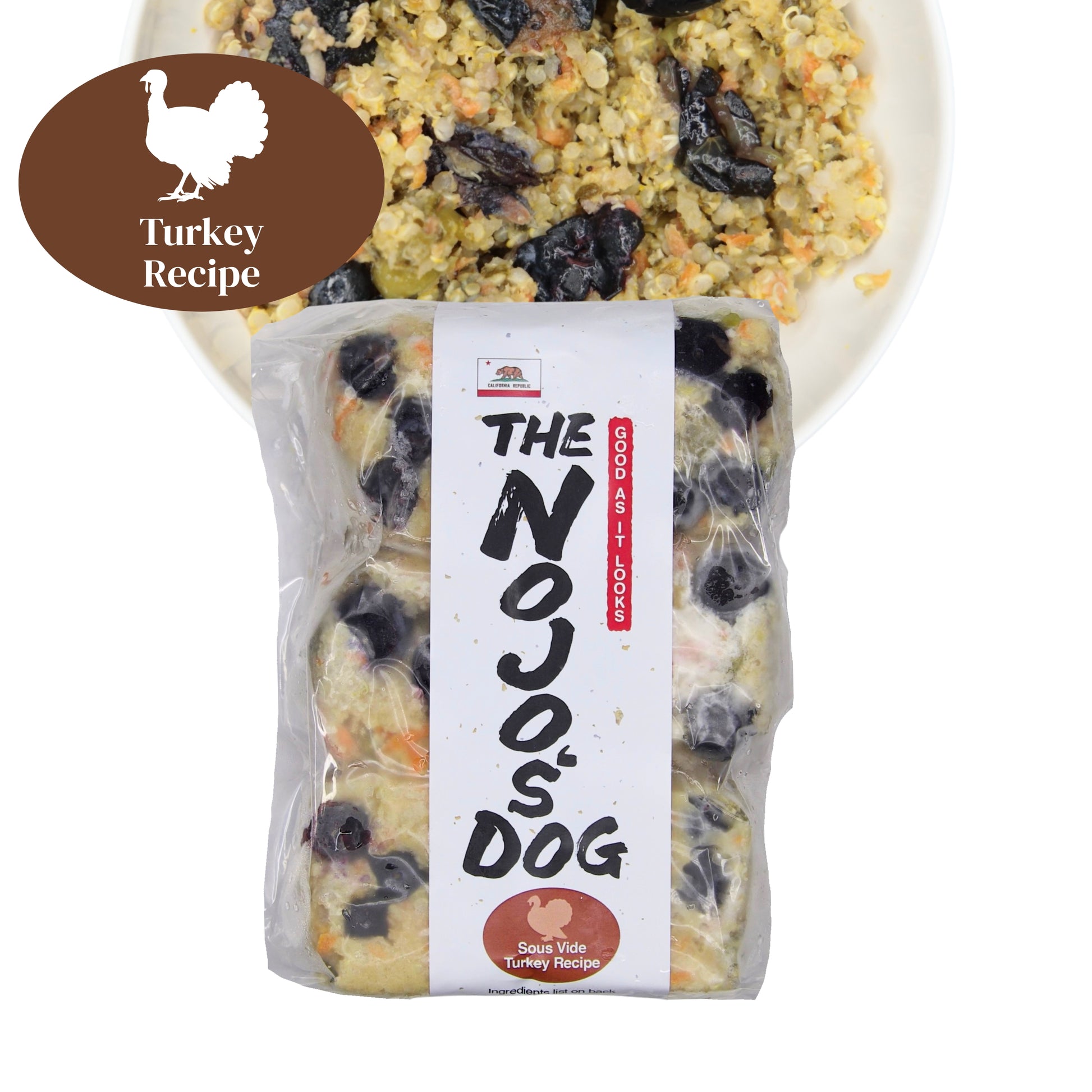 The Nojo's Dog Turkey Recipe in the Cube includes six (6) cubes of 4oz. An image of the packaging and food in a bowl to see the product itself. You can see the vibrant color of the cooked blueberries, carrots, peas, quinoa, and turkey