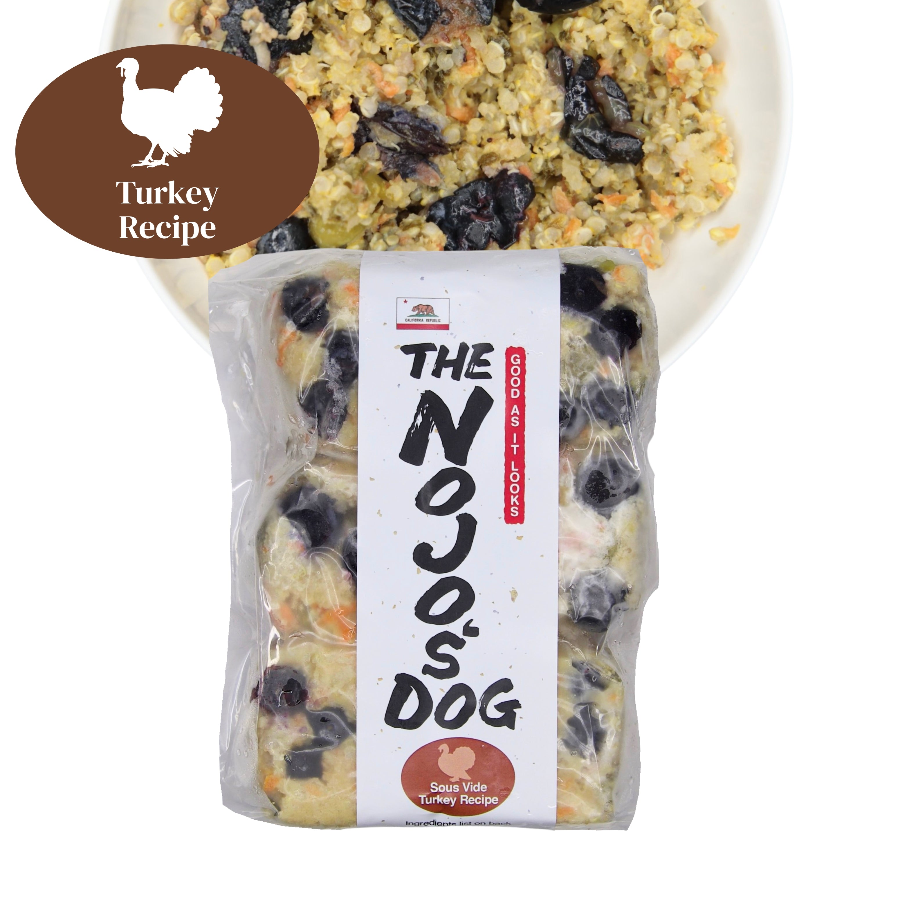 The Nojo's Dog Turkey Recipe in the Cube includes six (6) cubes of 4oz. An image of the packaging and food in a bowl to see the product itself. You can see the vibrant color of the cooked blueberries, carrots, peas, quinoa, and turkey