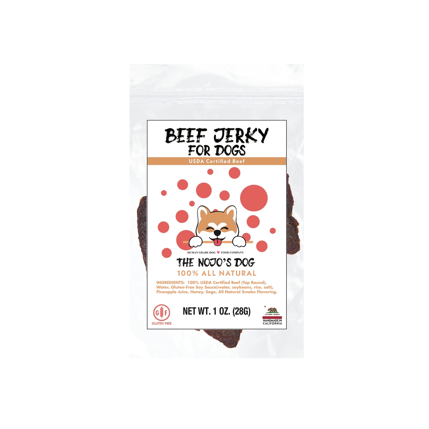 The Nojo's Dog USDA Certified Beef Jerky Treat for Dogs 1oz. Front of Package