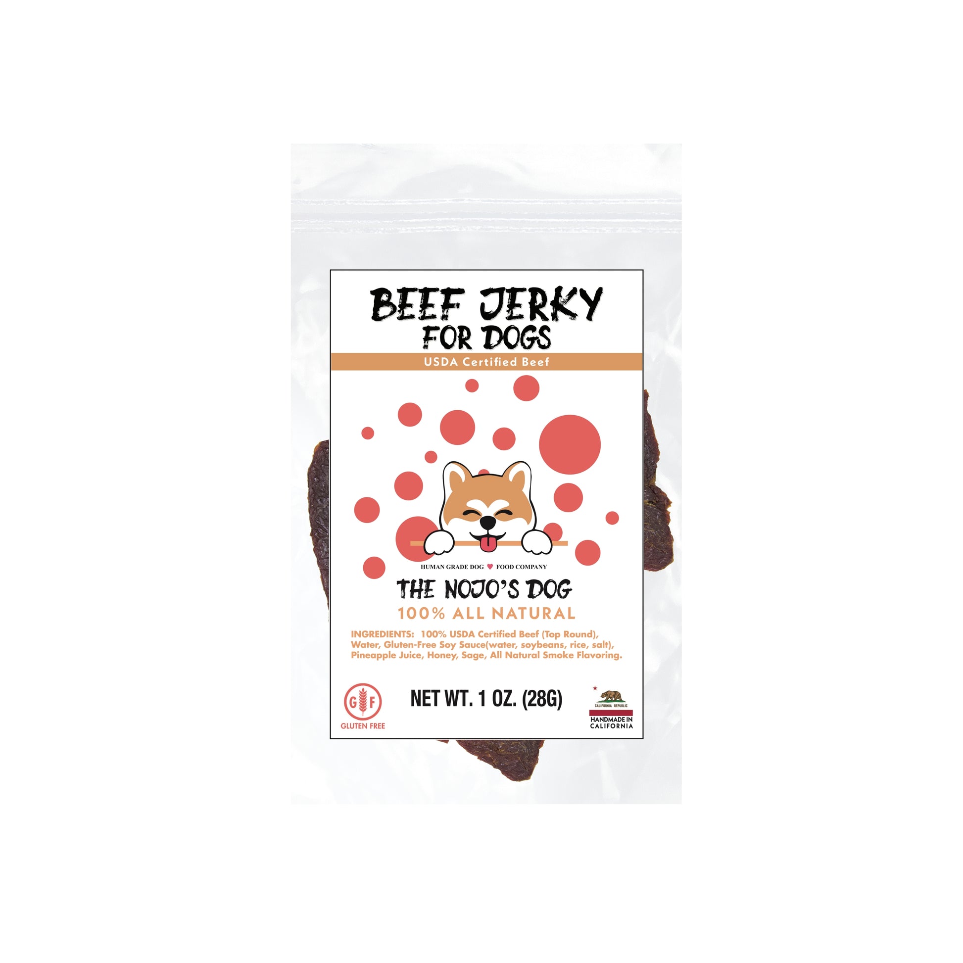 The Nojo's Dog USDA Certified Beef Jerky Treat for Dogs 1oz. Front of Package