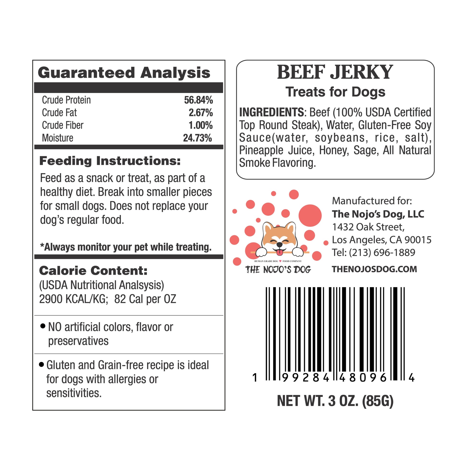 The Nojo's Dog USDA Certified Beef Jerky Treat for Dogs 3oz. guaranteed analysis and ingredients