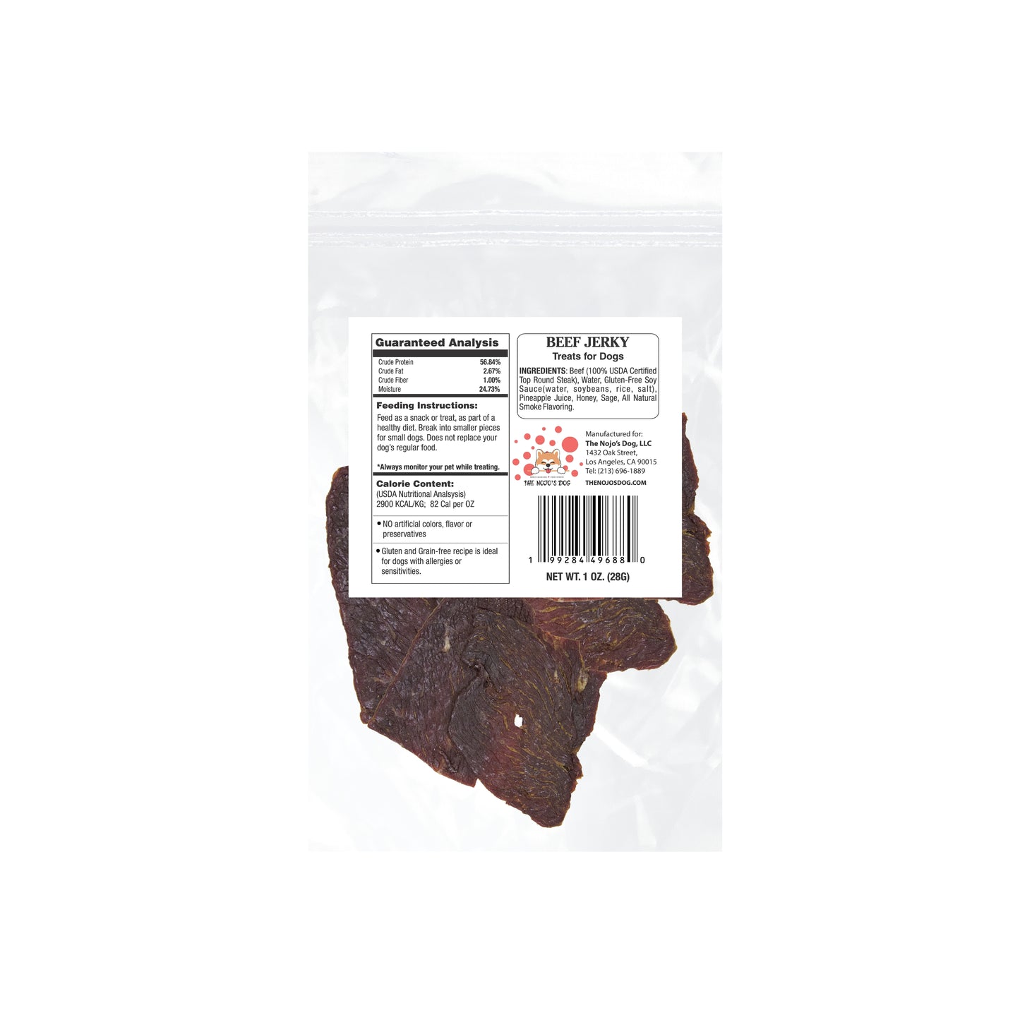 The Nojo's Dog USDA Certified Beef Jerky Treat for Dogs 1oz. Back of Package