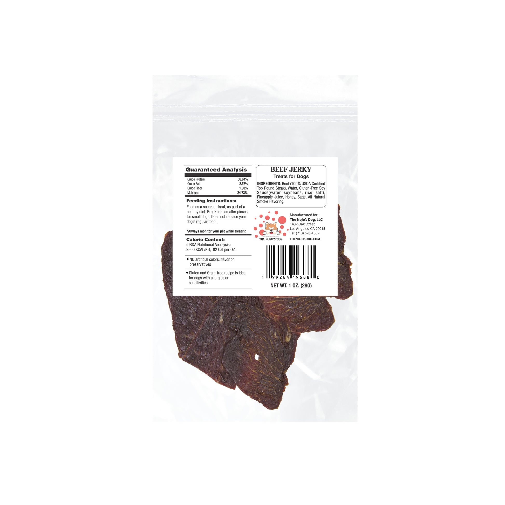 The Nojo's Dog USDA Certified Beef Jerky Treat for Dogs 1oz. Back of Package