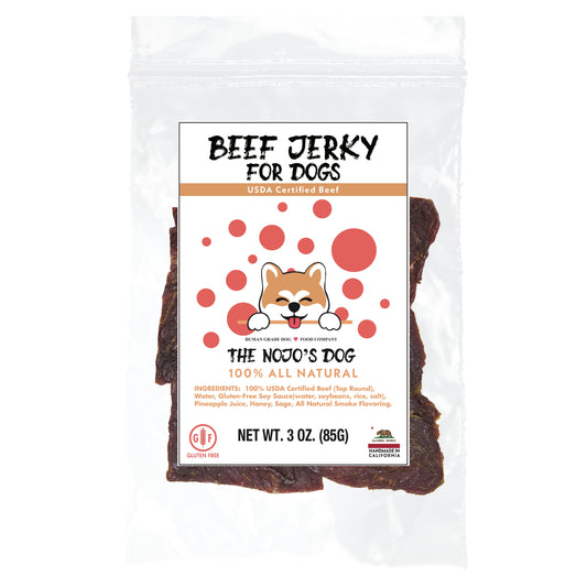 The Nojo's Dog USDA Certified Beef Jerky Treat for Dogs 3oz. Front of Package