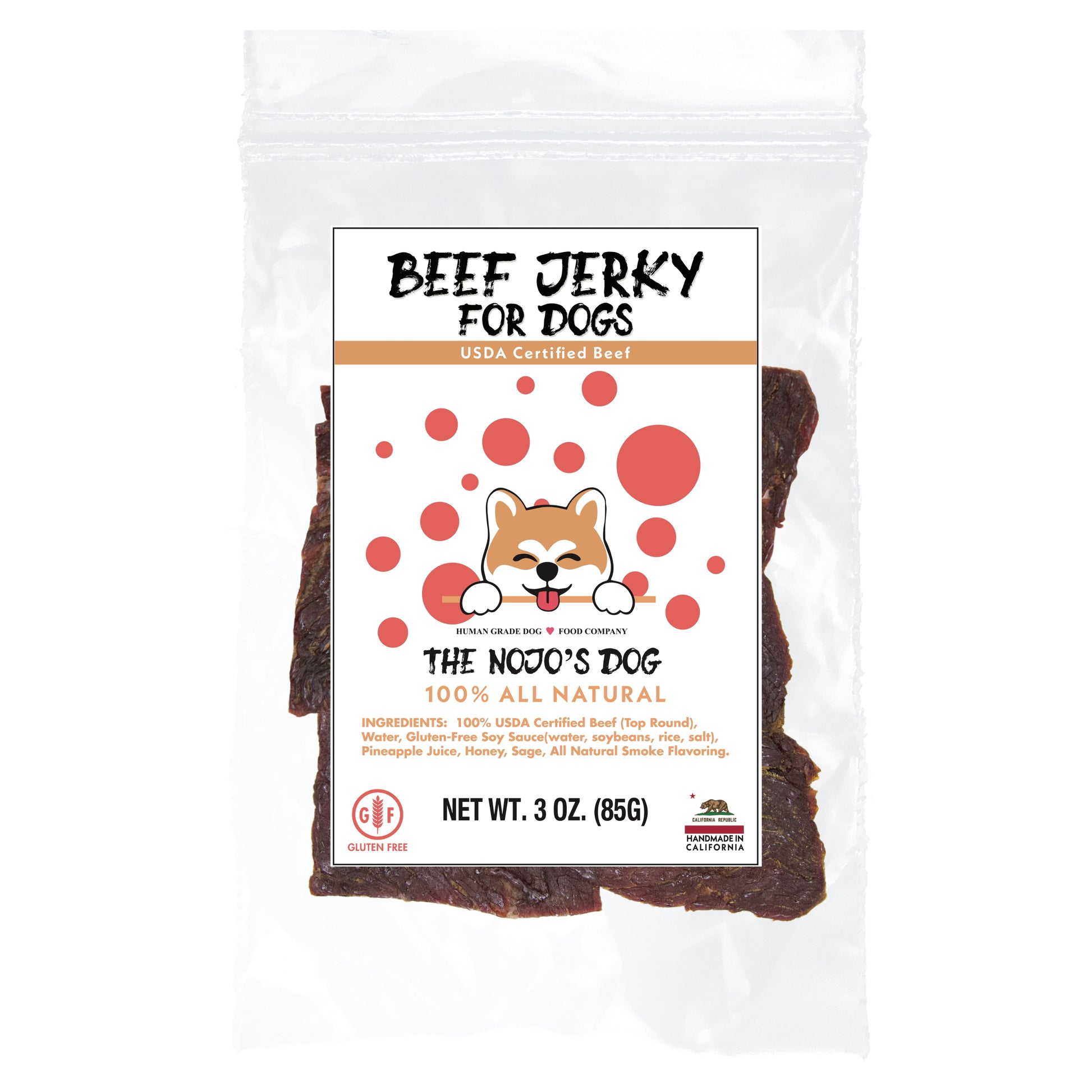The Nojo's Dog USDA Certified Beef Jerky Treat for Dogs 3oz. Front of package