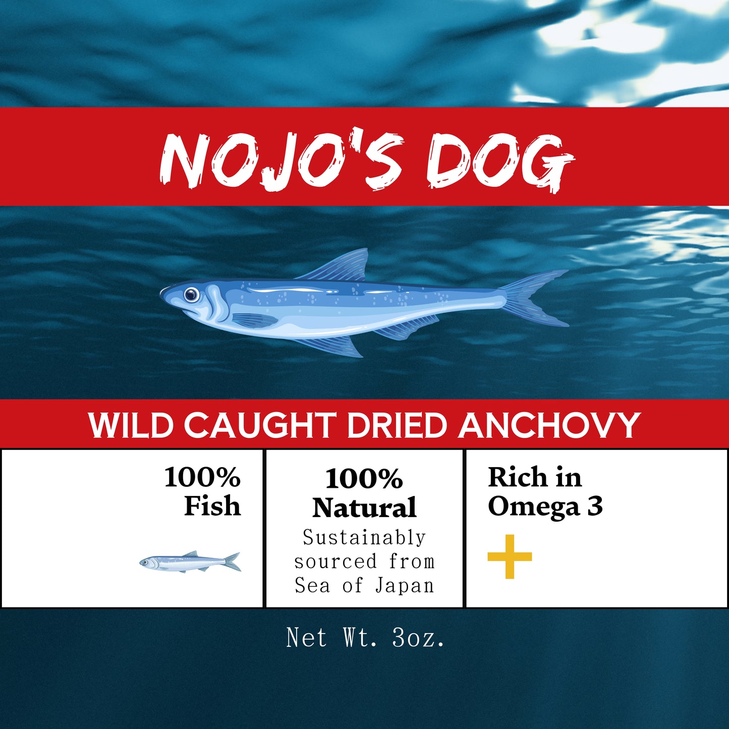 Nojo's Dog wild caught dried anchovy packaging with ocean background