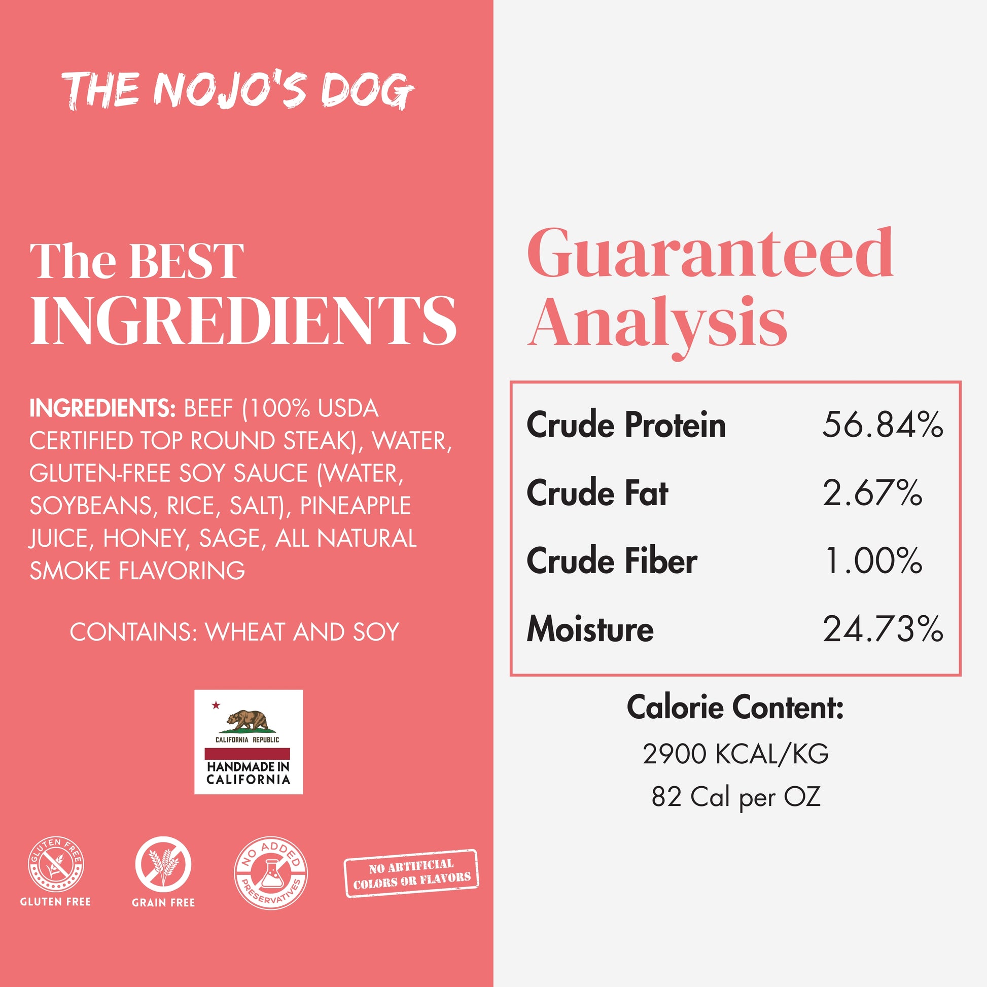 The Nojo's Dog USDA Certified Beef Jerky Treat for Dogs Guaranteed Analysis and Ingredient List