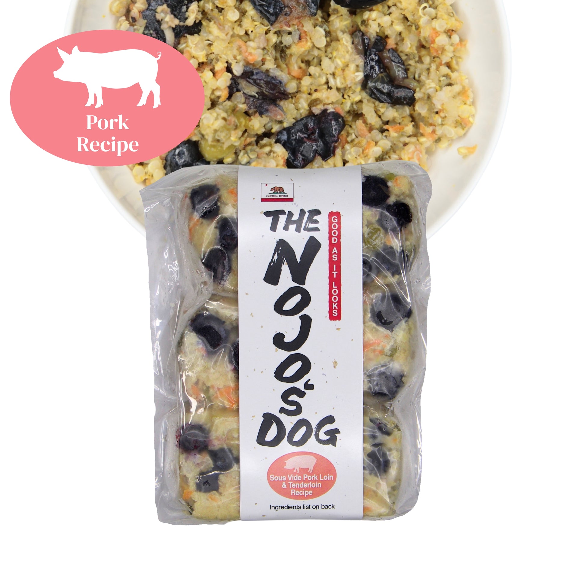 The Nojo's Dog Pork Recipe in the Cube includes six (6) cubes of 4oz. An image of the packaging and food in a bowl to see the product itself. You can see the vibrant color of the cooked blueberries, carrots, peas, quinoa, and pork