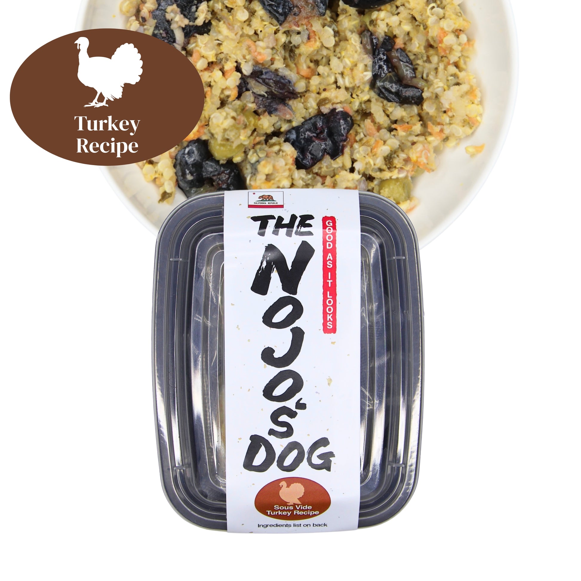 The Nojo's Dog Turkey Recipe in the Cube trial size includes two (2) cubes of 4oz. An image of the packaging and food in a bowl to see the product itself. You can see the vibrant color of the cooked blueberries, carrots, peas, quinoa, and turkey