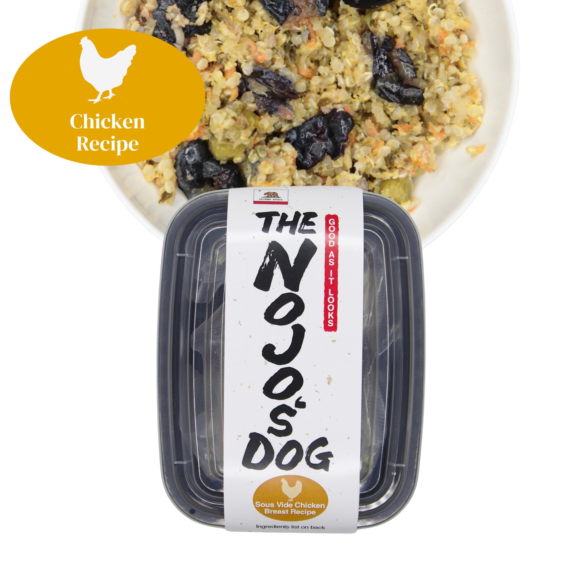The Nojo's Dog Chicken Recipe in the Cube trial size includes two (2) cubes of 4oz. An image of the packaging and food in a bowl to see the product itself. You can see the vibrant color of the cooked blueberries, carrots, peas, quinoa, and chicken