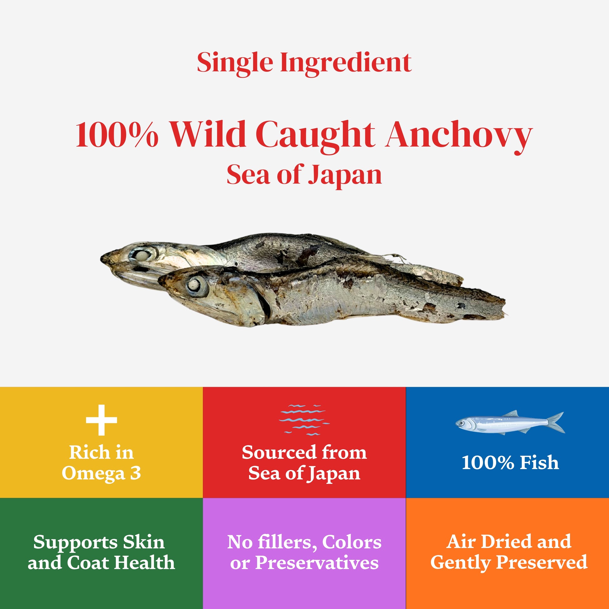 Advertisement for 100% wild caught anchovy from the Sea of Japan with health benefits listed.