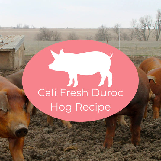 Duroc hogs on a farm with a pink oval and hog icon indicating The Nojo's Dog Cali Fresh Duroc Hog Recipe