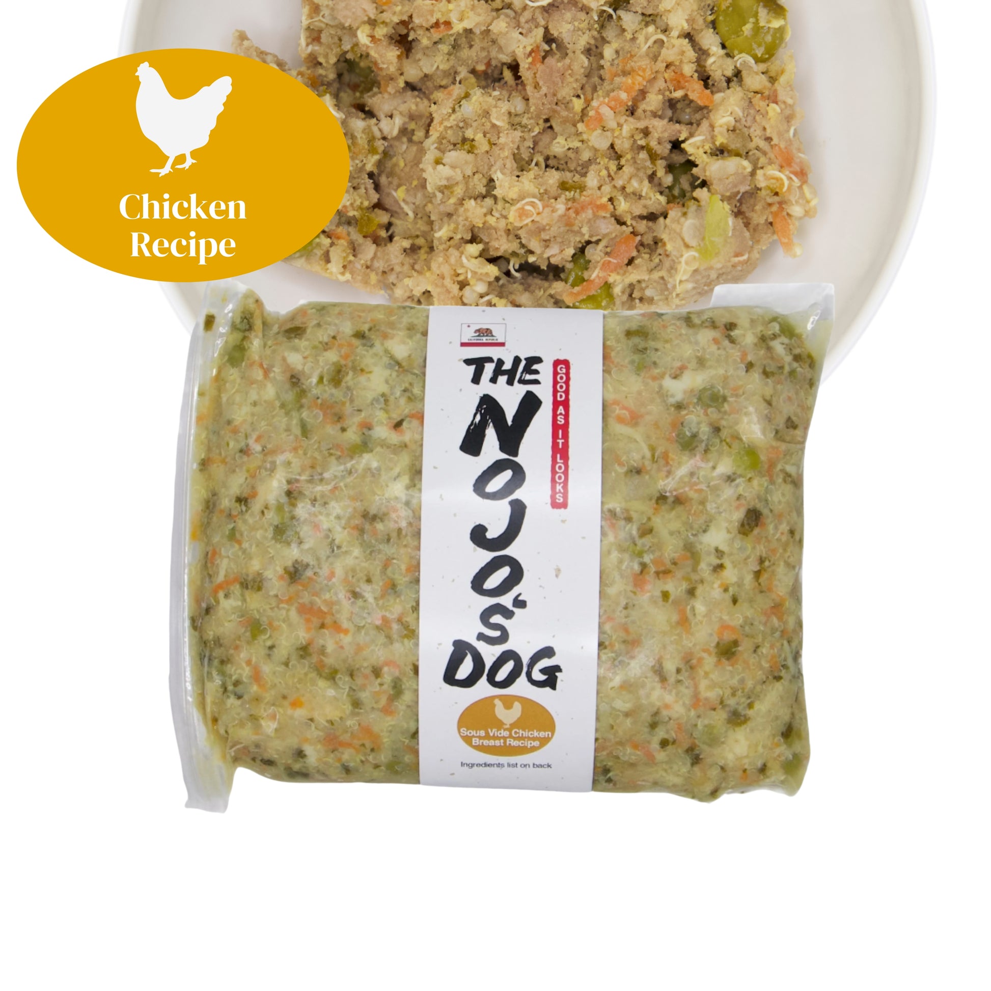 The Nojo's Dog Chicken Recipe in the Original Vacuum Bag. An image of the packaging and food in a bowl to see the product itself. You can see the vibrant color of the cooked carrots, peas, quinoa, and chicken.