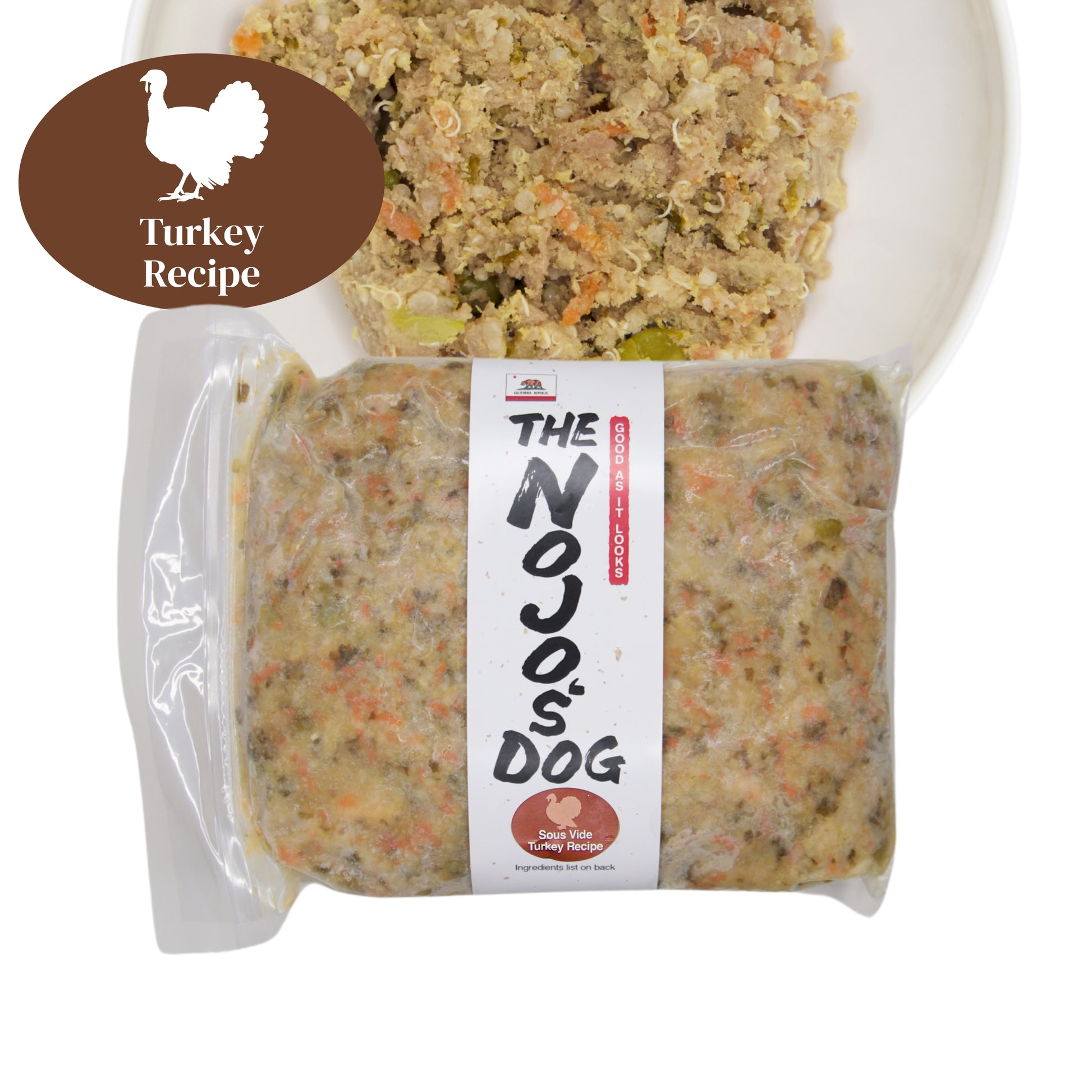The Nojo's Dog Turkey Recipe in the Original Vacuum Bag. An image of the packaging and food in a bowl to see the product itself. You can see the vibrant color of the cooked carrots, peas, quinoa, and Turkey.