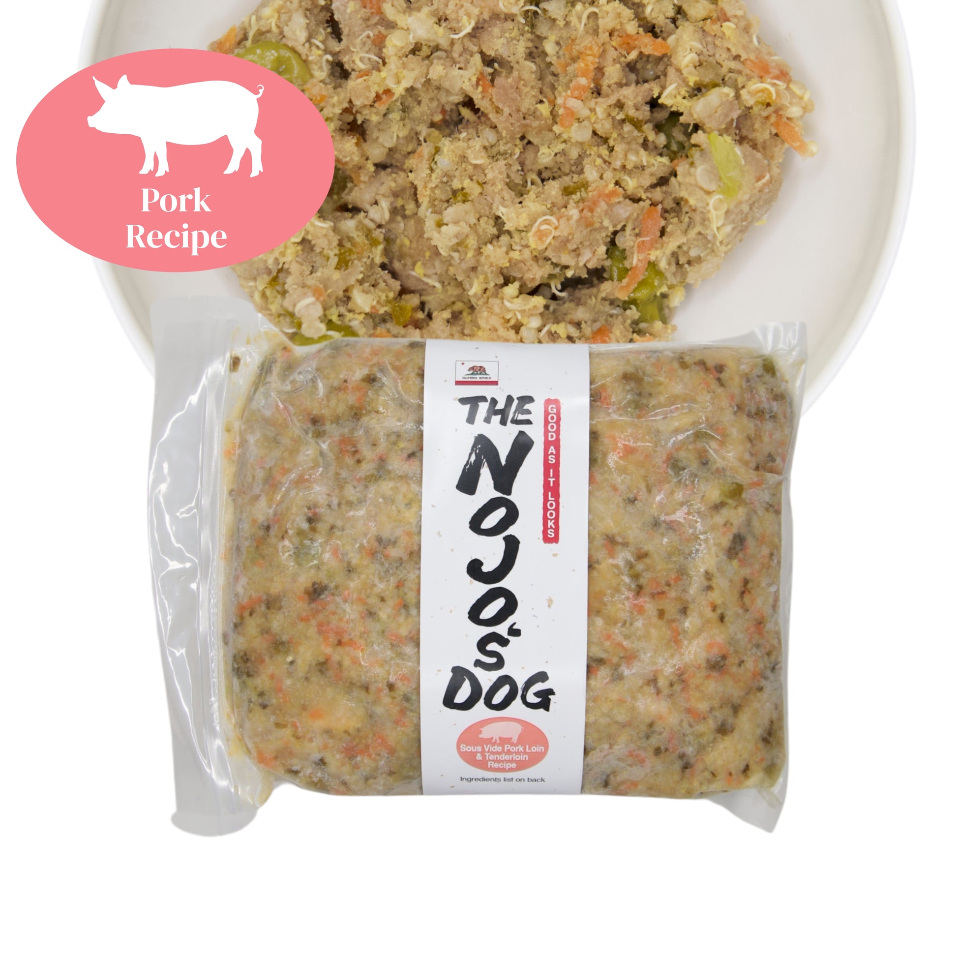 The Nojo's Dog Pork Recipe in the Original Vacuum Bag. An image of the packaging and food in a bowl to see the product itself. You can see the vibrant color of the cooked carrots, peas, quinoa, and pork