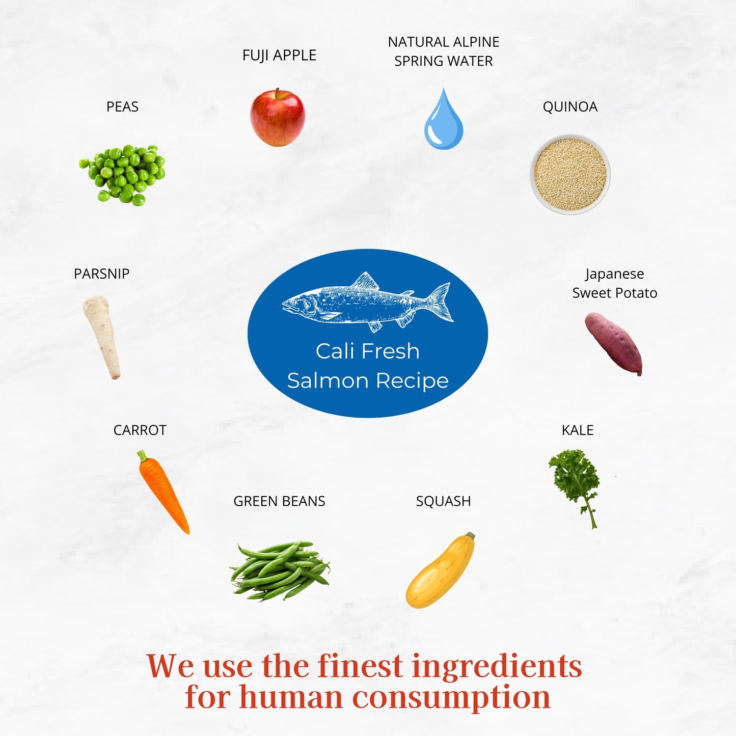 10 ingredient icons listed to display the Cali Fresh Salmon Recipe: Fuji Apple, Peas, Parsnip, Carrot, Green Beans, Squash, Kale, Japanese Sweet Potato, Quinoa, and Natural Alpine Spring Water