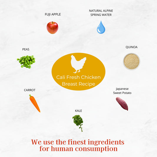 Ingredients for a Cali Fresh Chicken Breast Recipe displayed on a white background include fuji apple, peas, carrot, kale, japanese sweet potato, quinoa, and natural alpine spring water.