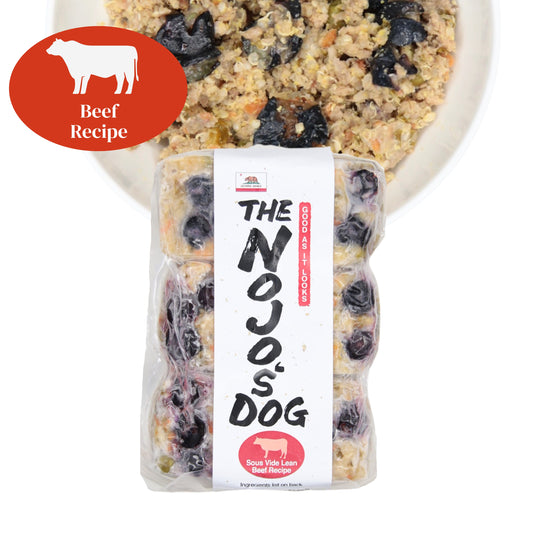 The Nojo's Dog Lean Beef Recipe in the Cube includes six (6) cubes of 4oz. An image of the packaging and food in a bowl to see the product itself. You can see the vibrant color of the cooked blueberries, carrots, peas, quinoa, and beef 