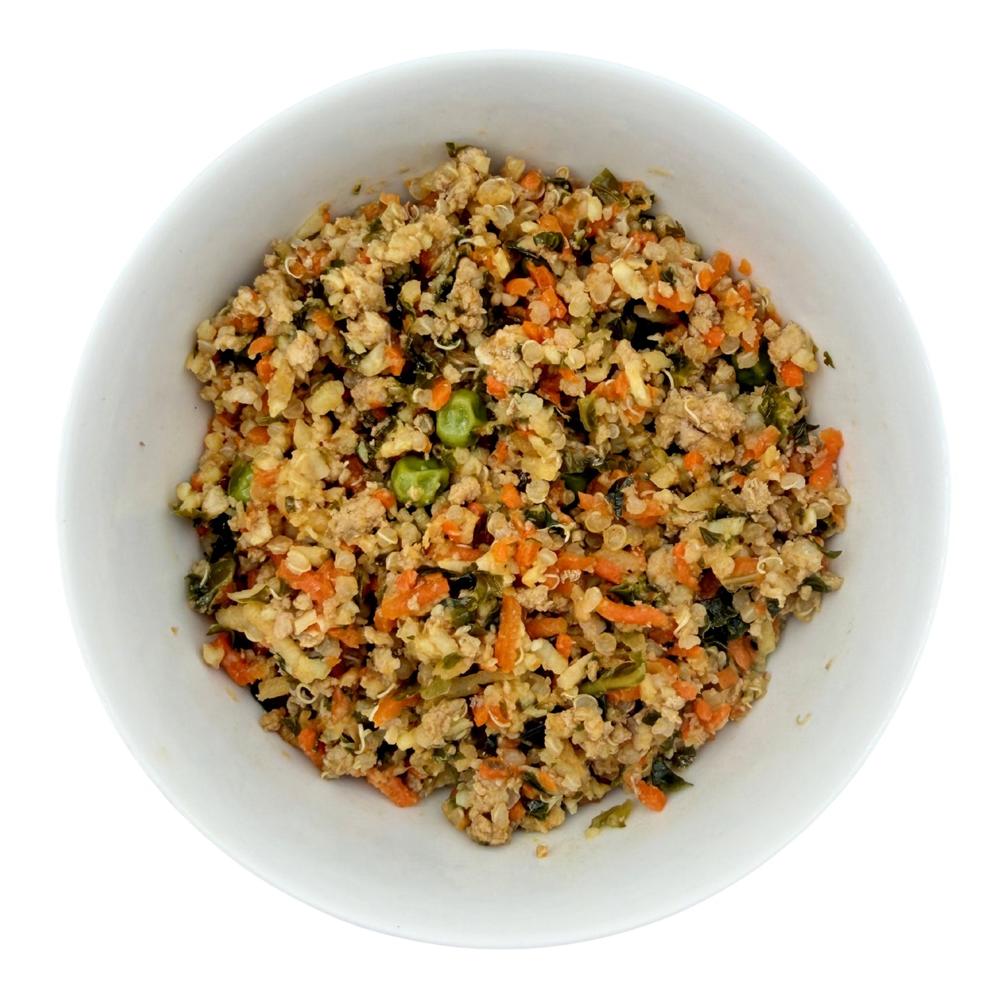A picture of the Nojo's Dog Cali Fresh Duroc Hog recipe in a white bowl. The fluffiness of the food and vibrant medley of vegetables can be seen to create a tasty and nutritious meal 