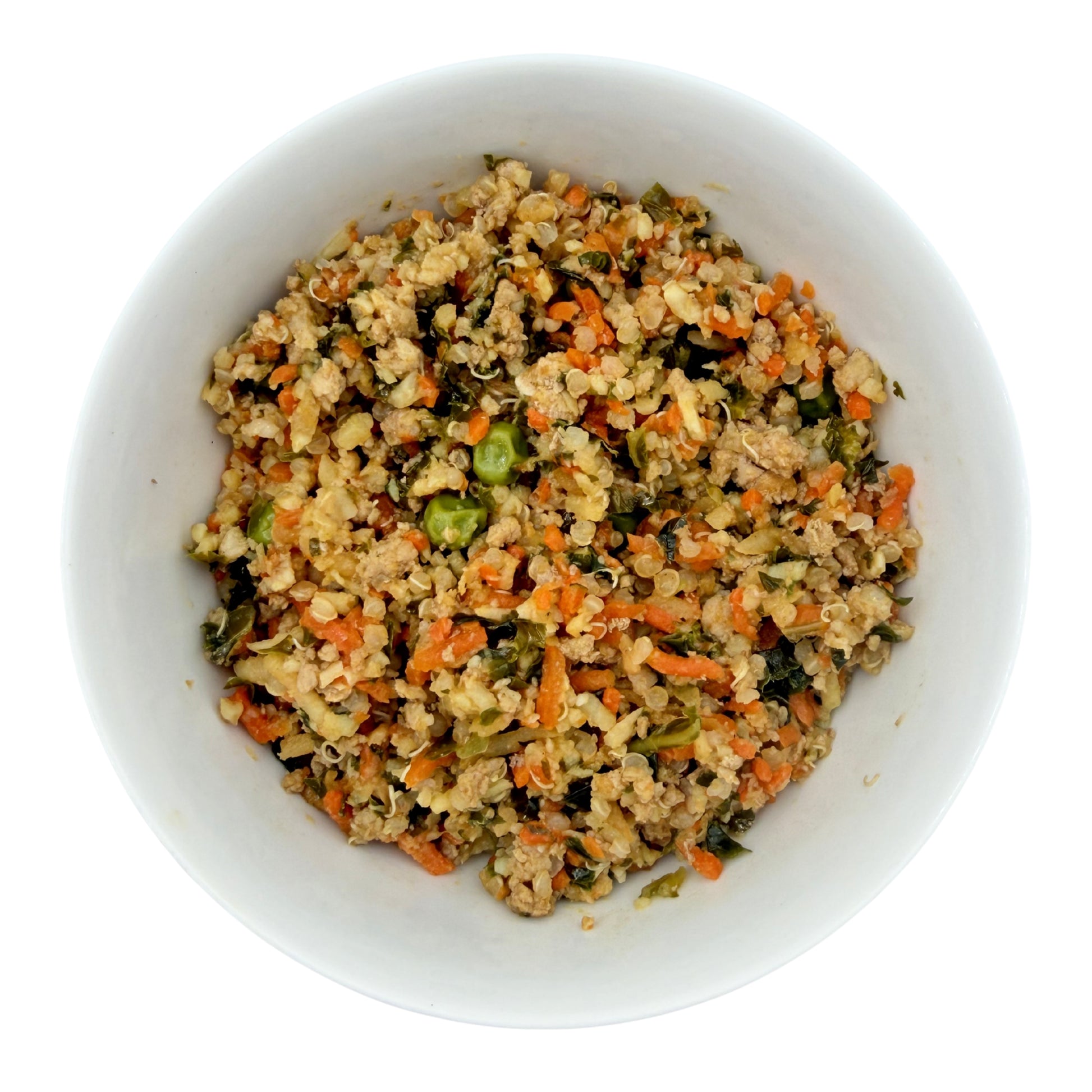 A picture of the Nojo's Dog Cali Fresh Duroc Hog recipe in a white bowl. The fluffiness of the food and vibrant medley of vegetables can be seen to create a tasty and nutritious meal 