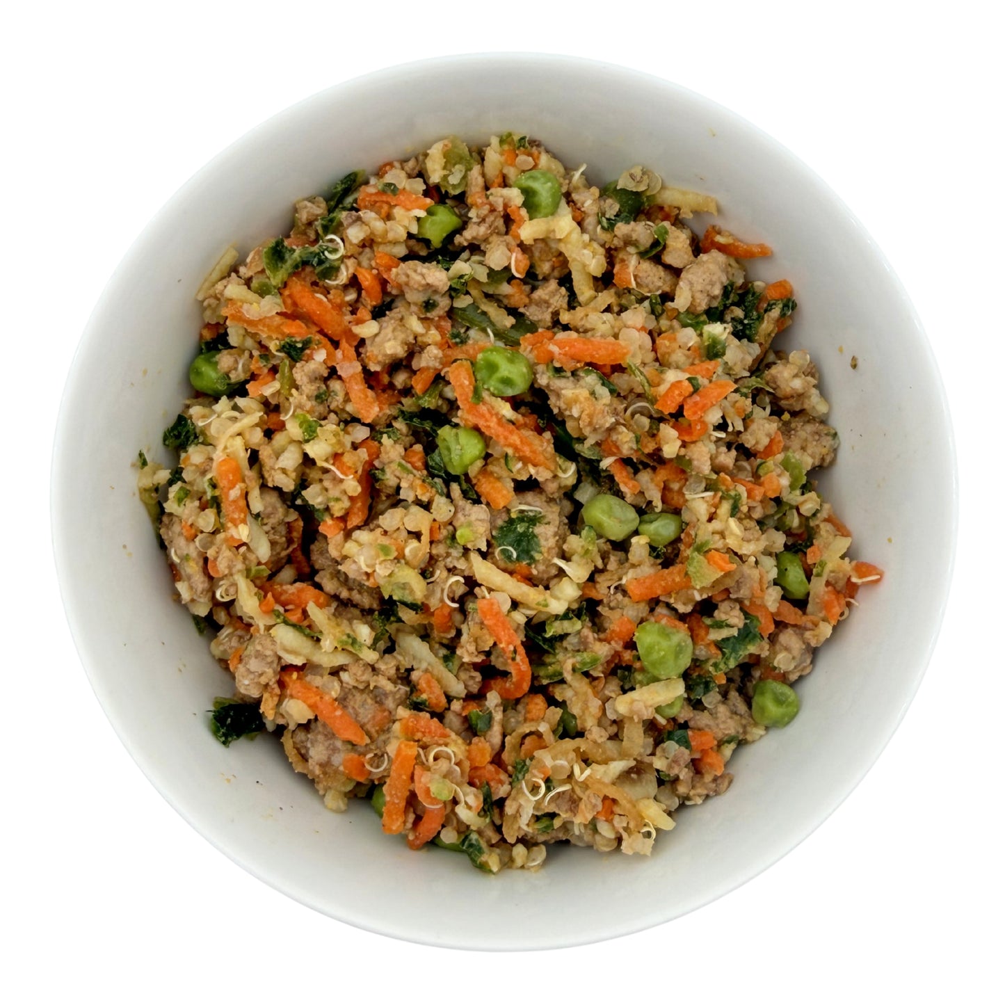 The Nojo's Dog Cali Fresh Lean Lamb recipe in a white bowl. This image illustrates the vibrant medley of vegetables, chunky pieces of lamb, and always 10 recognizable ingredients or less. 