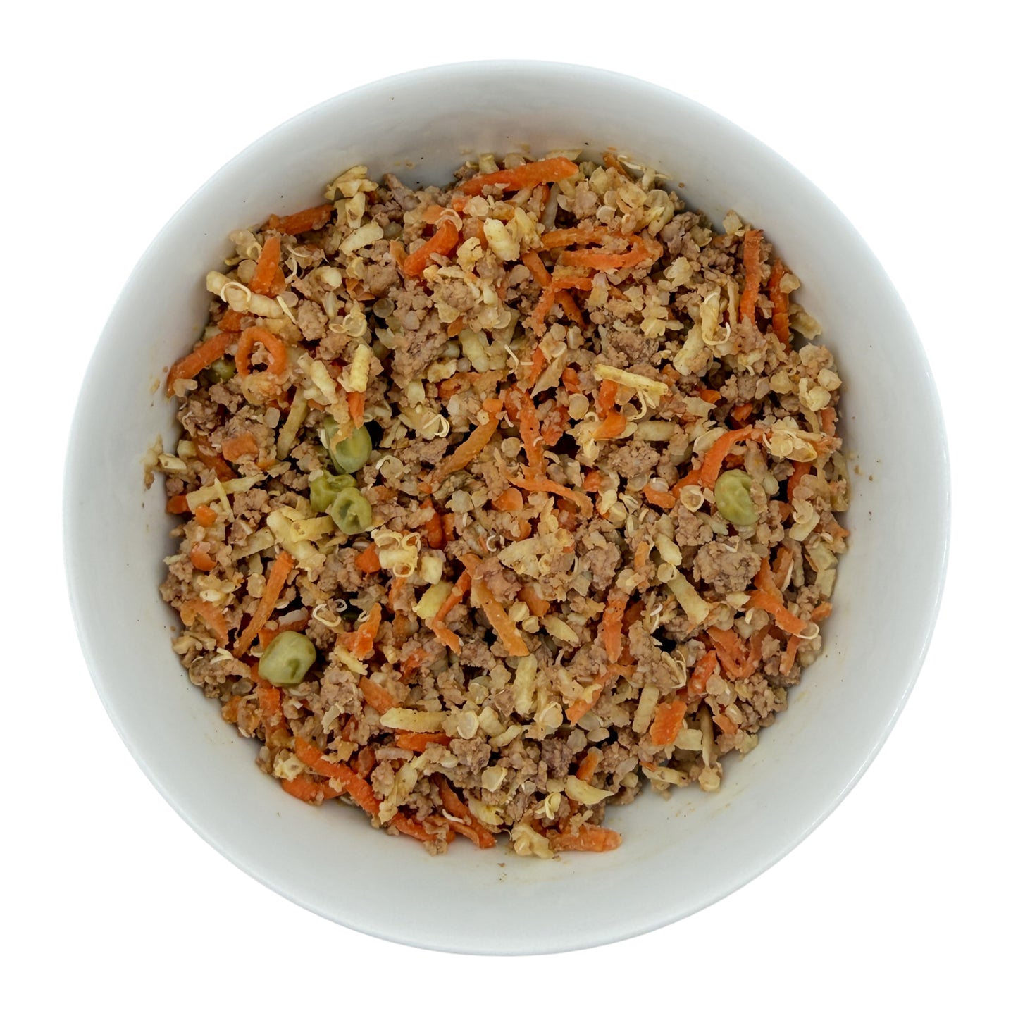 A picture of the Nojo's Dog Cali Fresh Lean Beef recipe. This picture of the food in a white bowl shows the chunky pieces of beef, the vibrant medley of vegetables, and an all natural yellow color which communicates the animal's 100% grass fed diet. 