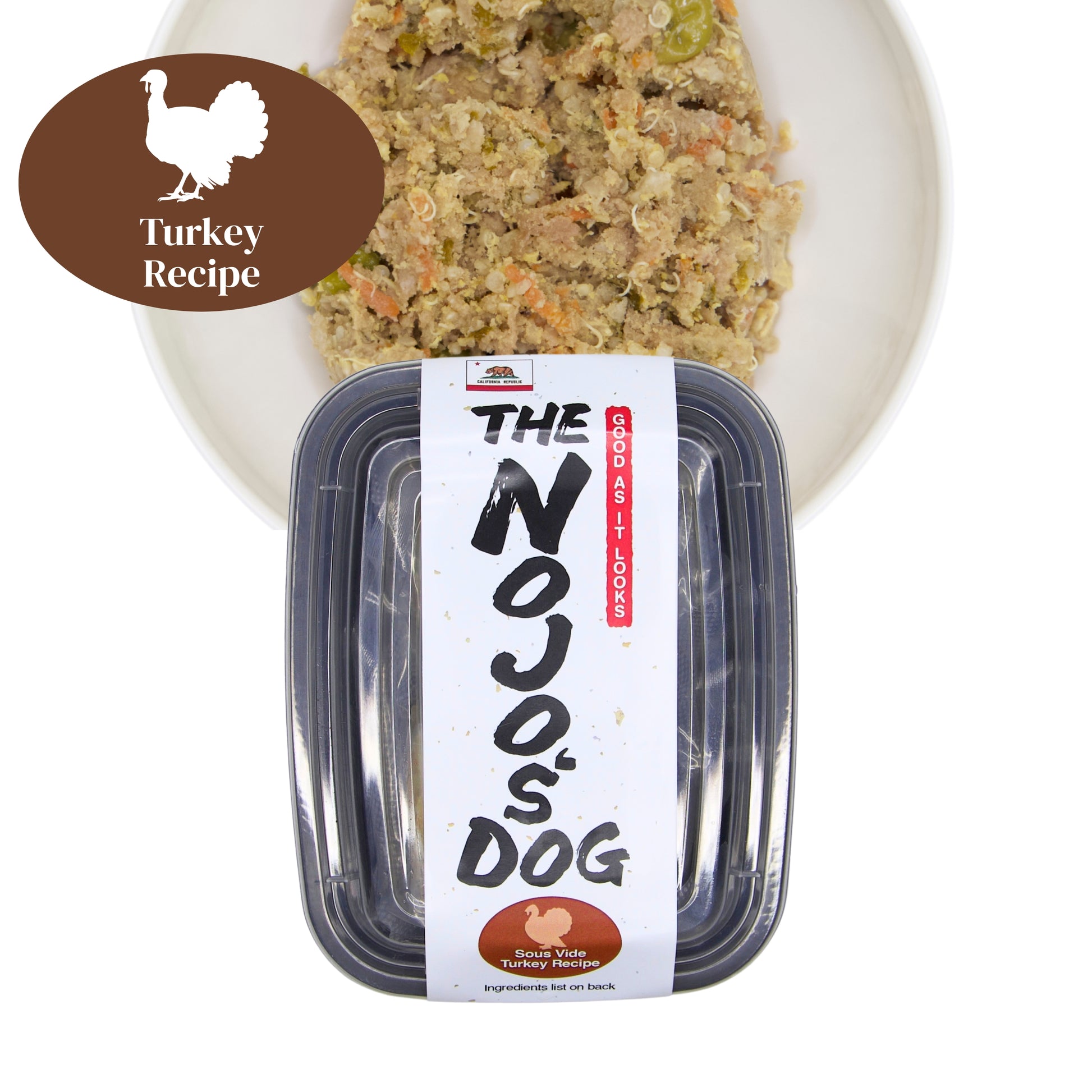 The Nojo's Dog Lean Turkey Recipe in the Cube trial size includes two (2) cubes of 4oz. An image of the packaging and food in a bowl to see the product itself. You can see the vibrant color of the cooked blueberries, carrots, peas, quinoa, and turkey