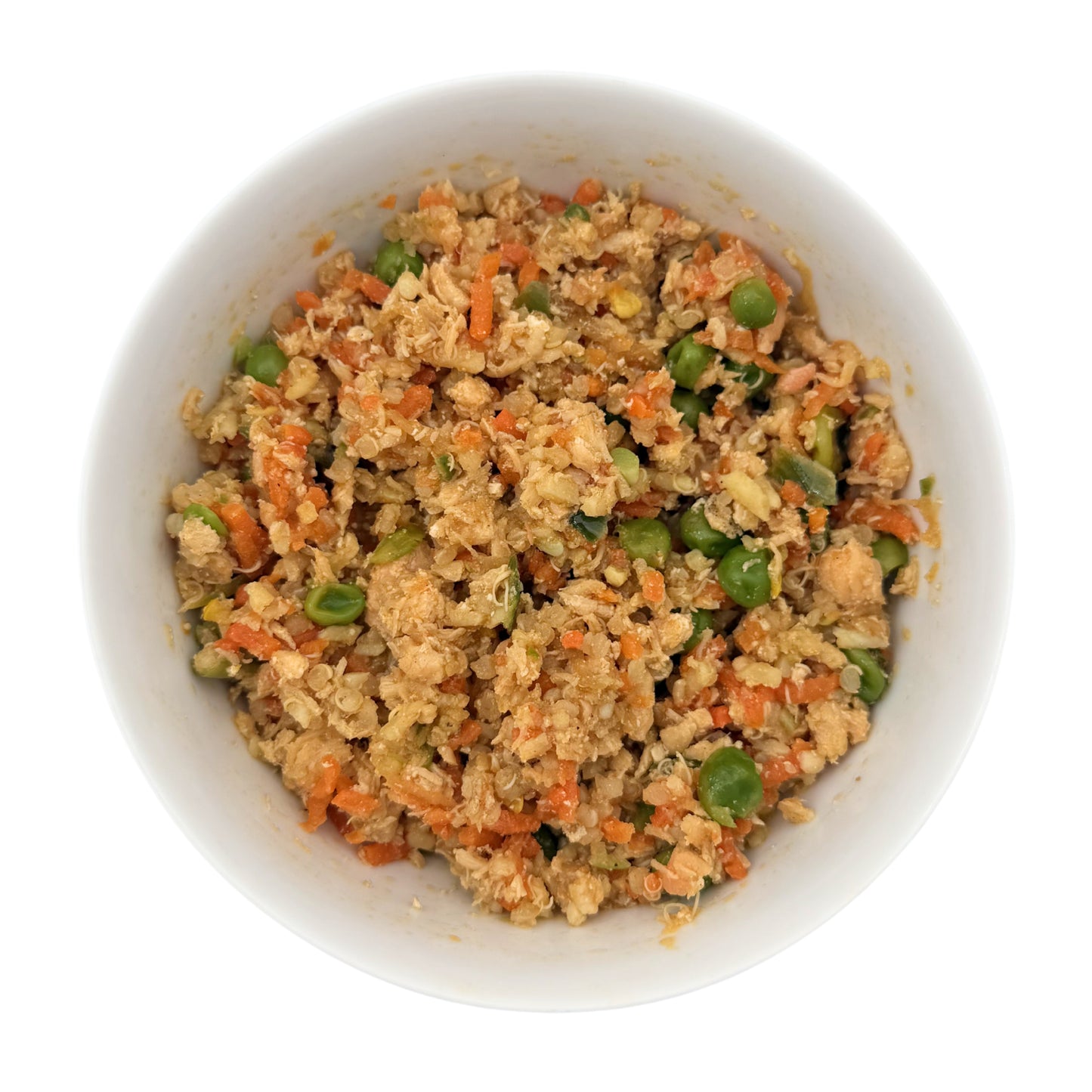 A picture of The Nojo's Dog Cali Fresh Salmon Recipe. The picture is designed to illustrate the chunky salmon pieces, vibrant medley of vegetables, and the all natural omega 3's depicted by the orange color from the natural fats of the salmon during the cooking process.