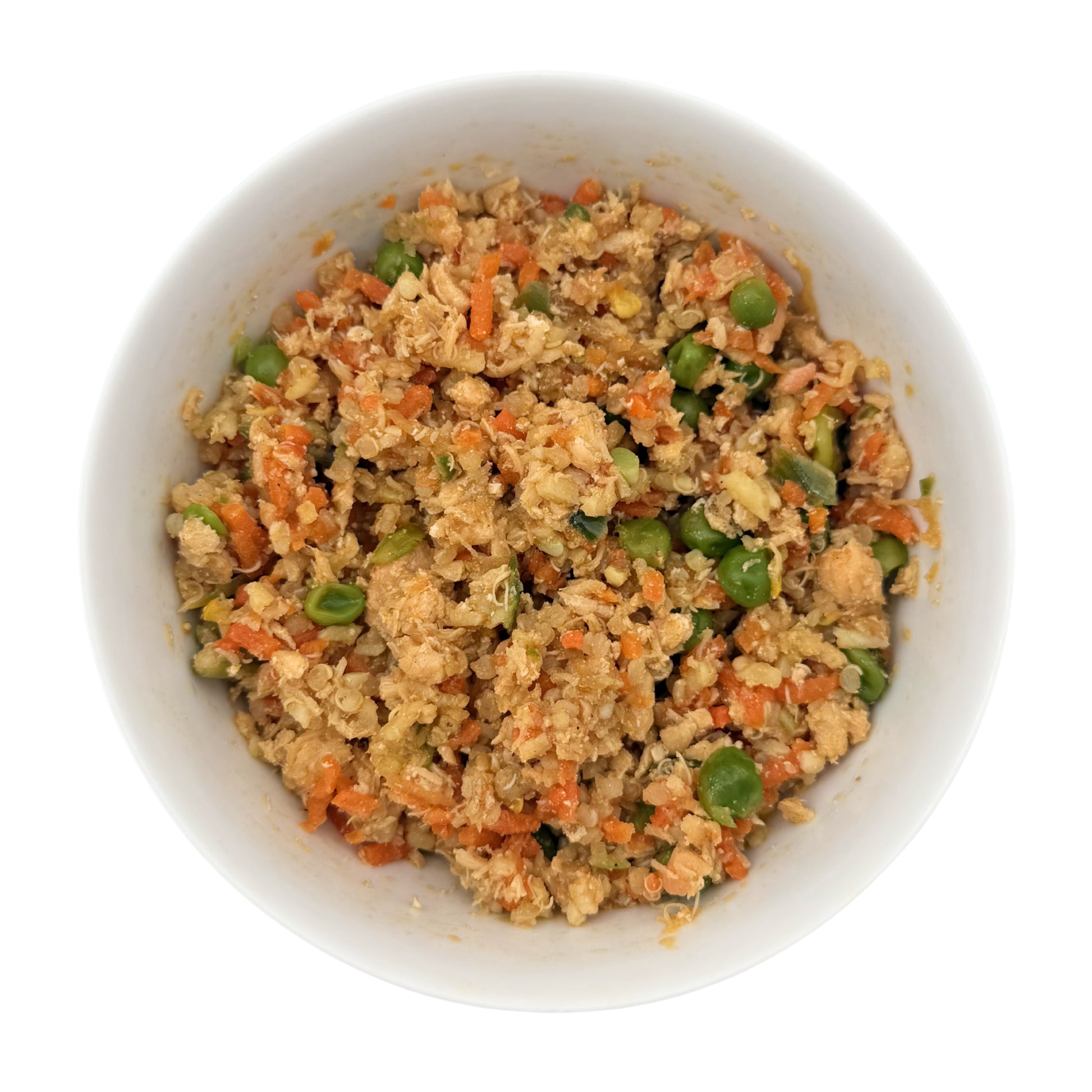 A picture of The Nojo's Dog Cali Fresh Salmon Recipe. The picture is designed to illustrate the chunky salmon pieces, vibrant medley of vegetables, and the all natural omega 3's depicted by the orange color from the natural fats of the salmon during the cooking process.