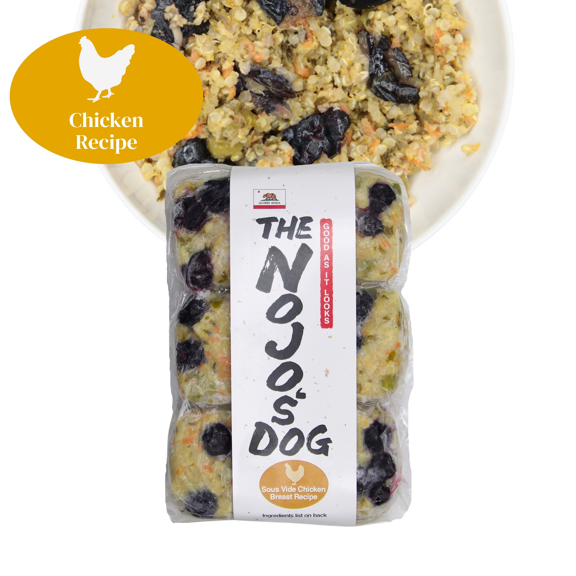 The Nojo's Dog Chicken Recipe in the Cube includes six (6) cubes of 4oz. An image of the packaging and food in a bowl to see the product itself. You can see the vibrant color of the cooked blueberries, carrots, peas, quinoa, and chicken