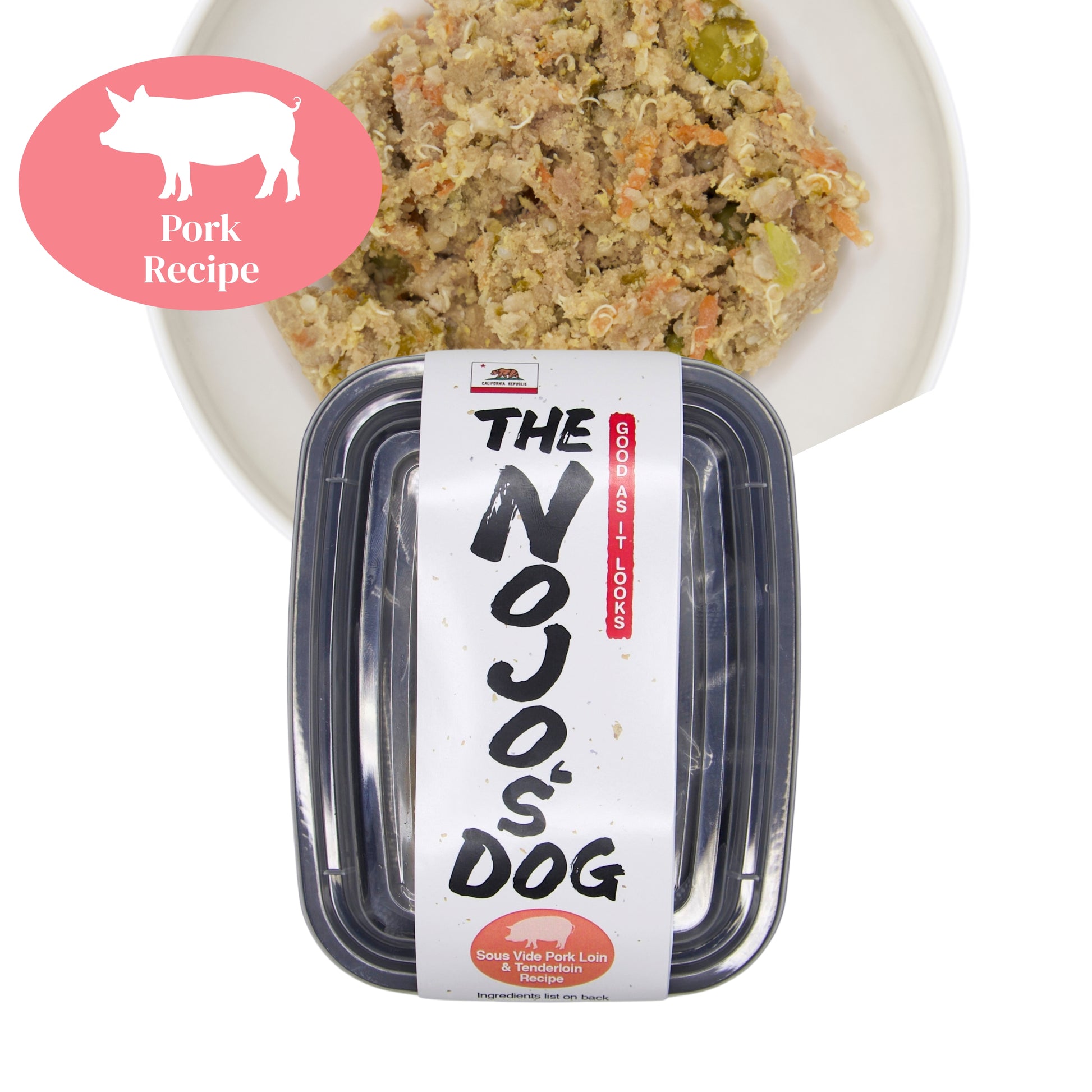 The Nojo's Dog Pork Recipe in the Cube trial size includes two (2) cubes of 4oz. An image of the packaging and food in a bowl to see the product itself. You can see the vibrant color of the cooked blueberries, carrots, peas, quinoa, and pork