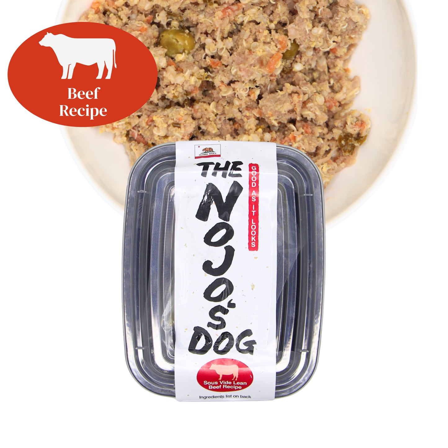 The Nojo's Dog Lean Beef Recipe in the Cube trial size includes two (2) cubes of 4oz. An image of the packaging and food in a bowl to see the product itself. You can see the vibrant color of the cooked blueberries, carrots, peas, quinoa, and beef