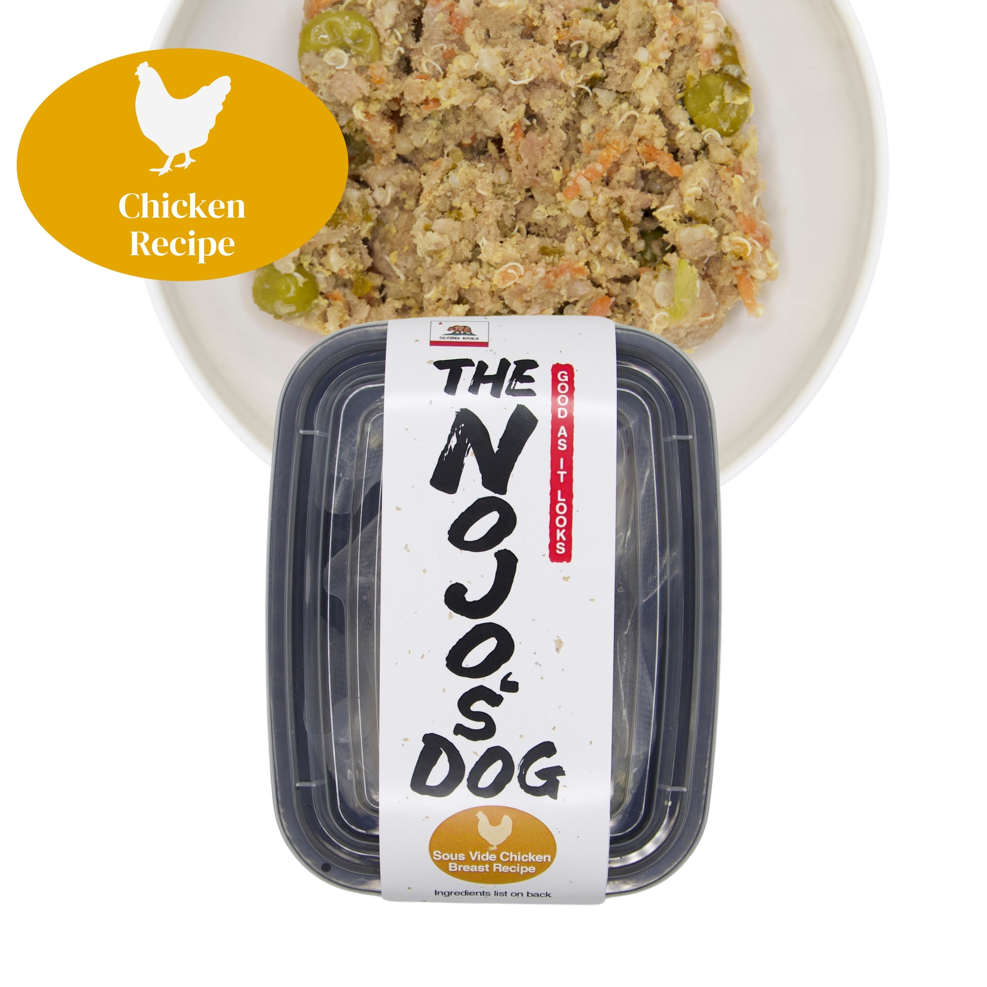 The Nojo's Dog Chicken Recipe in the Cube trial size includes two (2) cubes of 4oz. An image of the packaging and food in a bowl to see the product itself. You can see the vibrant color of the cooked blueberries, carrots, peas, quinoa, and chicken